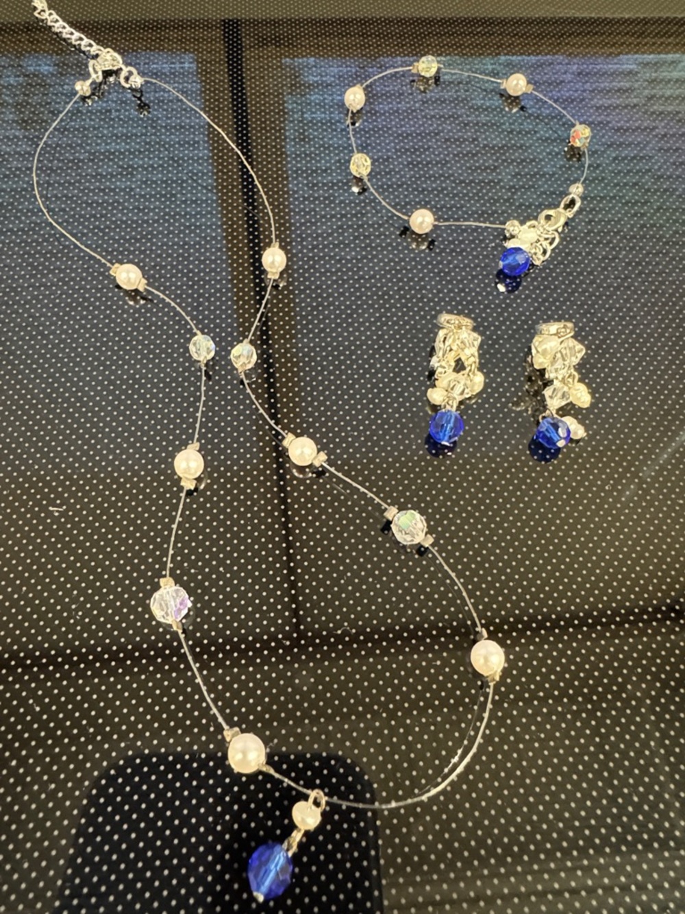Delicate Blue Crystal Necklace, Bracelet & Clip Earrings Set - Women's Jewelry